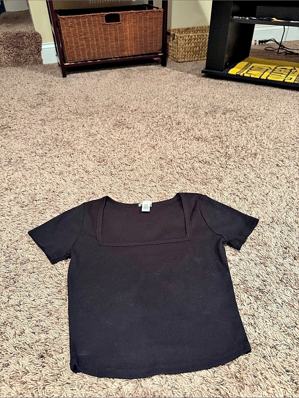 Bozzolo Ribbed Square Neck Short Sleeve Top Black Medium